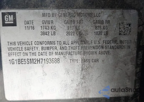 2017 Chevrolet Cruze Lt Auto из США, поврежденный, VIN 1G1BE5SM2H7193688